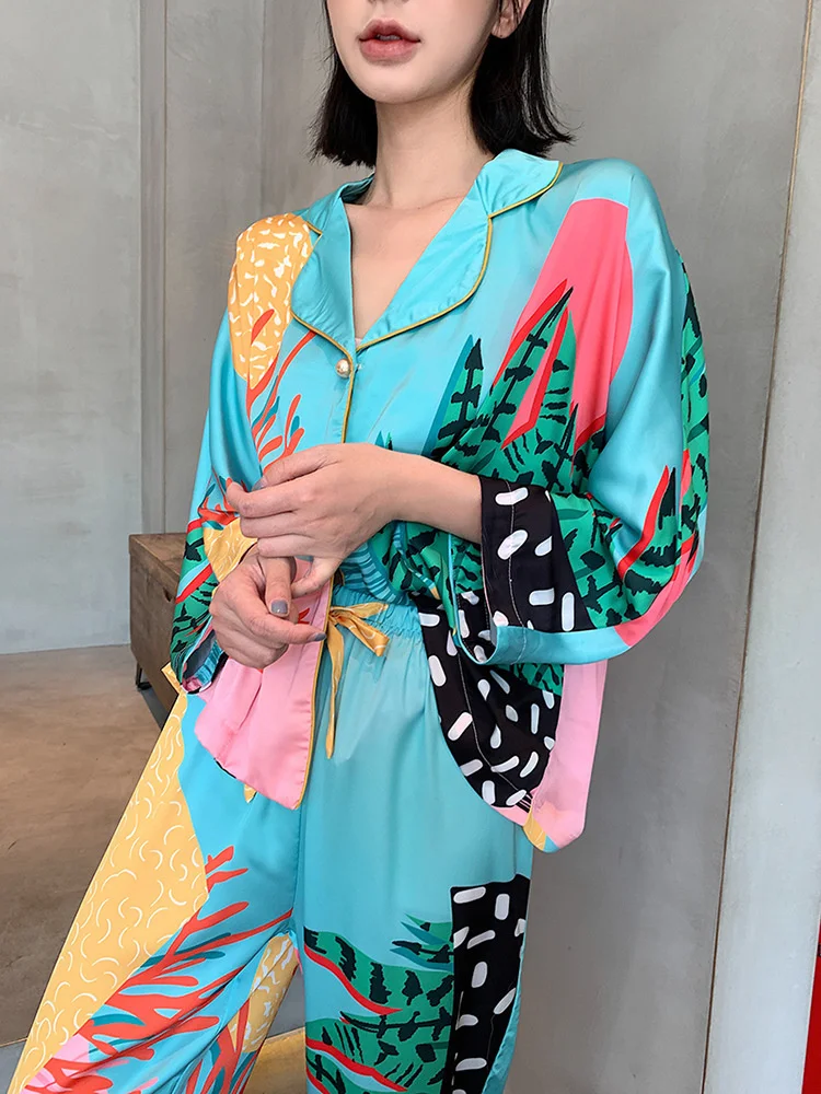Women's Print Silk Pajama Set Spring Autumn Long Sleeve Ladies Single Breasted Sleepwear Satin Pijama Suit With Pant For Female