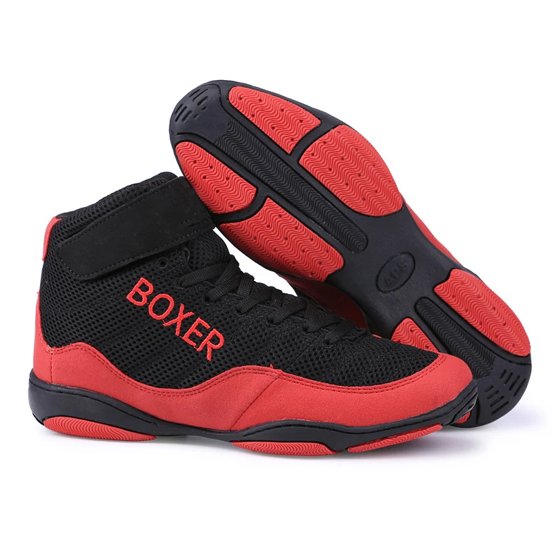 Men Lightweight Wrestling Boots Breathable Mesh Boxing Shoes Men Professional Boxing Shoes Black Red Sports Sneakers