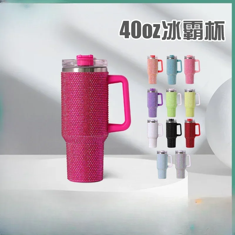 Taza de hielo grande integrada con diamantes segunda genirin vaso paja asa cristales palo taza helado coche 40Oz