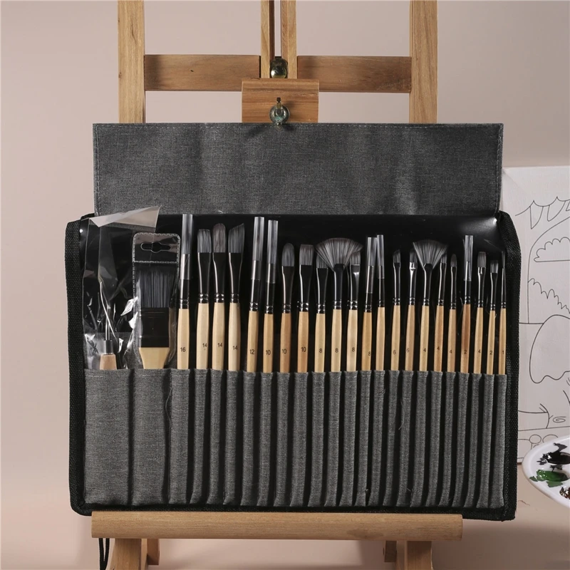 

24x Paint Brushes Scraper with Bag Wood Handle Artist Paintbrushes for Acrylic Gouache Oil Watercolor Canvas Boards Rock