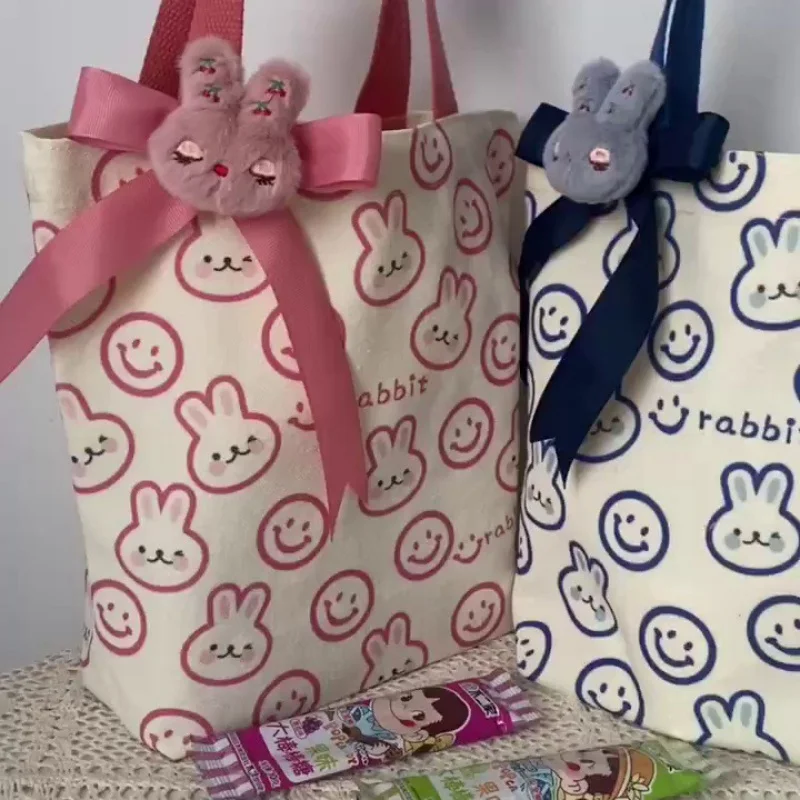 

2023 Cute Rabbit Handheld Canvas Female Student Ins School Lunch Box Lunch Bag Rice Bag Hand Holding Gift