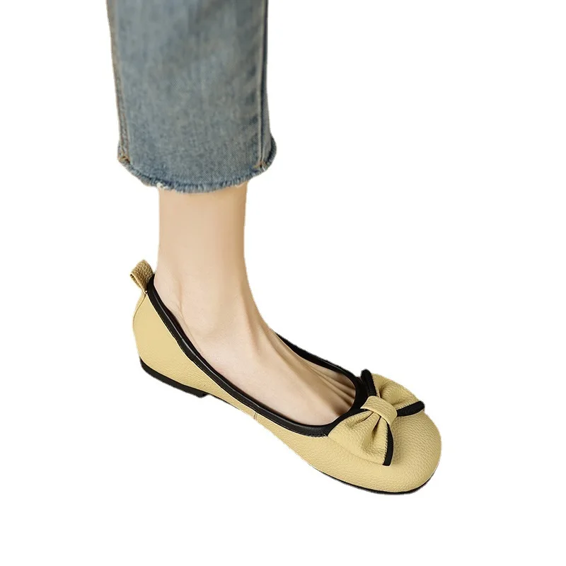 2023 Summer Soft Leather Bowknot Shallow Mouth Single Shoe Women's New Flat Bottom Large Grandma's Shoe Woman Designer Shoes