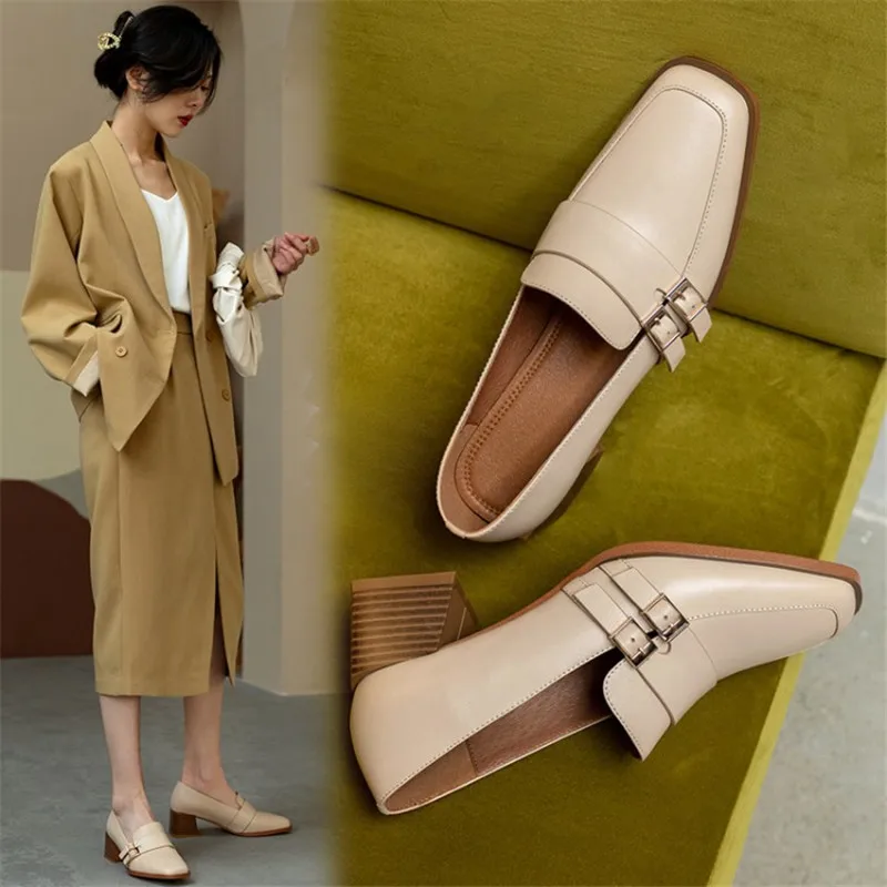 

2022 Spring Women Shoes Pumps Square Toe Metal Buckles Chunky Heel Solid Simplicity Women's Casual Shoes Heels Shoes for Women