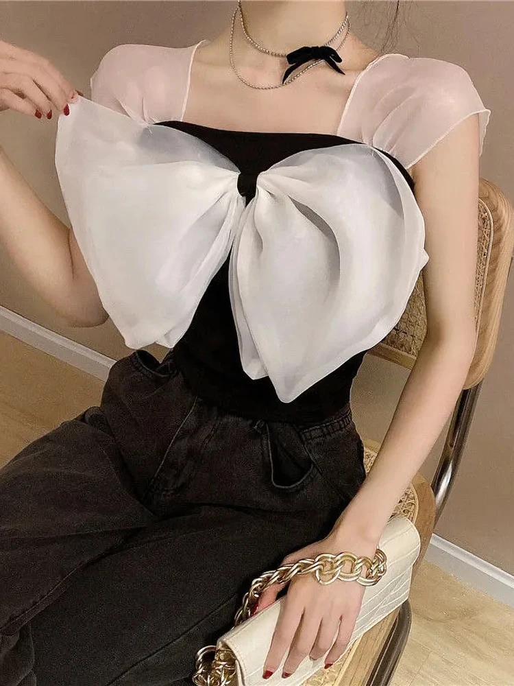 

2022 Summer New Sweet Chiffon Top Stitching Two Wear Off The Shoulder Contrast Color Sweet Bow Sleeveless Short T-Shirt Women