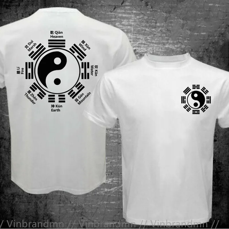 Фото BAGUA YIN YANG SYMBOL I CHING TAOISM TAI CHI FENG SHUI PAKUA Футболка из чистого хлопка Мужская одежда Топы Футболки Тай Цзи Футболка Camisas №5