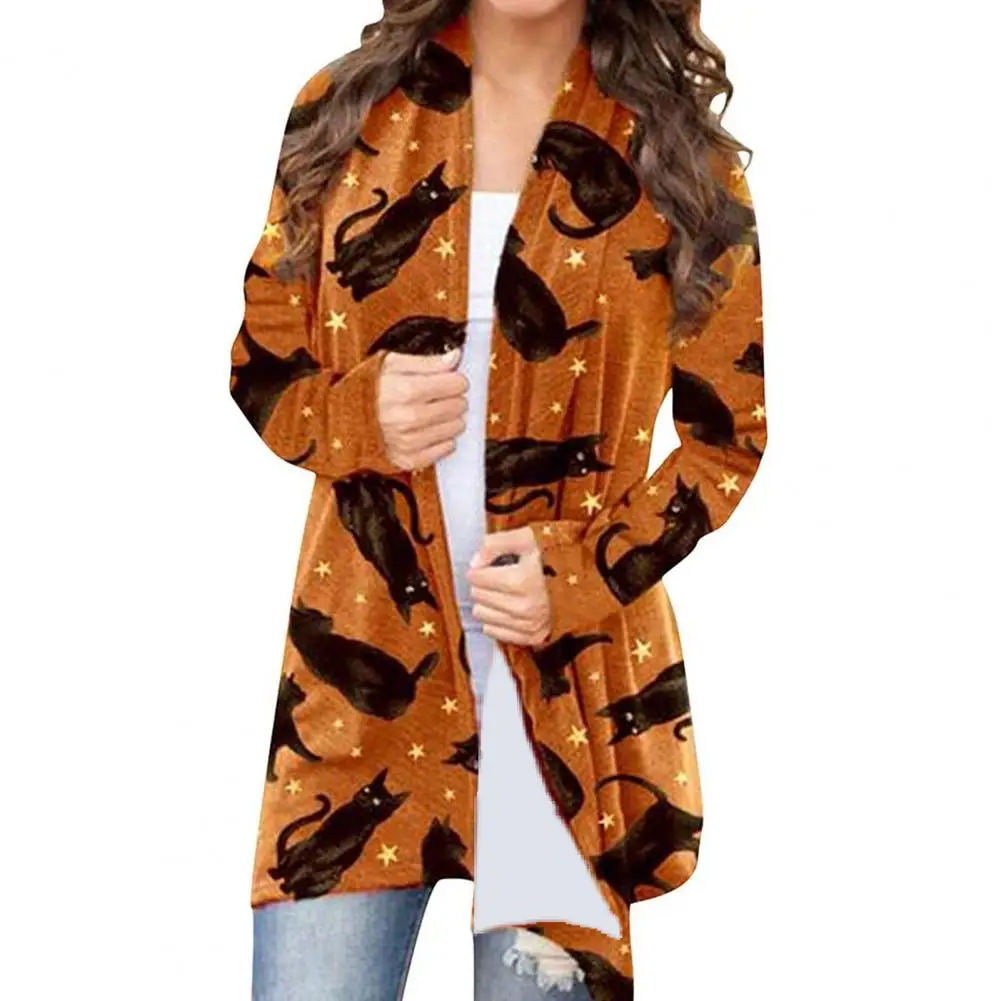 

Winter Coat Cardigan Jacket Cartoon Pumpkin Bat Halloween Printing Fashion Female Outwear Tops