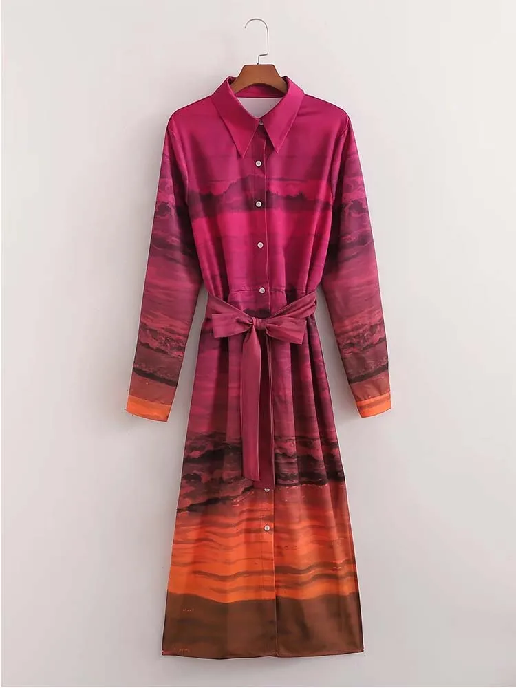 

TRAF Woman Dress Fashion Printed Dresses For Women 2022 Autumn Vintage Long Sleeve With Belt Midi Dress Elegant Party Dresses