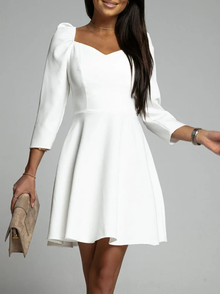 

Solid Color Deep V Neck Office Lady Dress Spring Tie-up Backless Hollow Party Dress Summer Puff Sleeve Women Mini Dress Vestidos