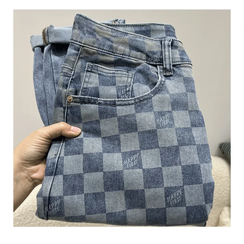 Мужские джинсы с квадратным принтом модные высококачественные недорогие