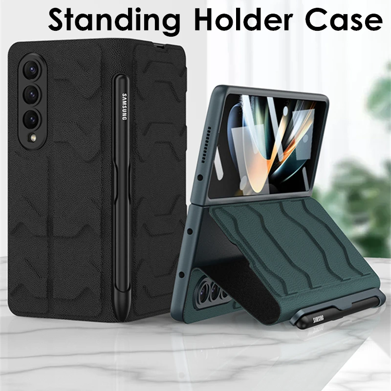 Leather Flip Cover for Samsung Galaxy Z Fold 4 Case With S Pen Slot Card Slot Front Glass Case 360 Full Protection ( NO S Pen)