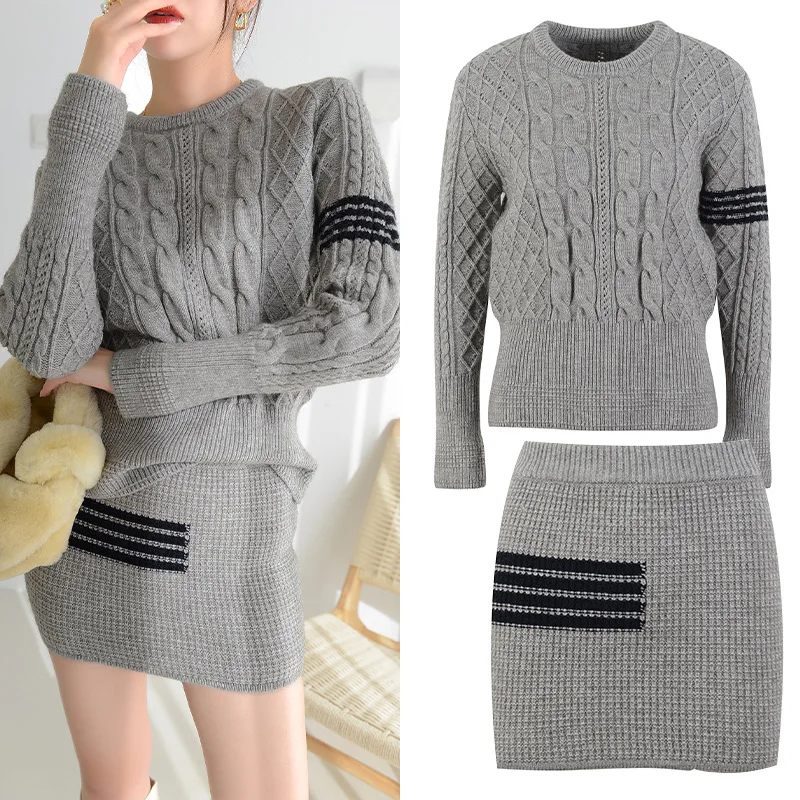 Xiaoxiangfeng TB suit short skirt gray waffle skirt round neck sweater bag hip skirt two-piece female autumn and winter