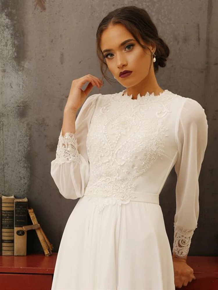 

MOON GODDESS Simple Wedding Dresses For Women Long Sleeve Appliques Lace Robe De Femme Pour Mariage A-Line O-Neck Zipper