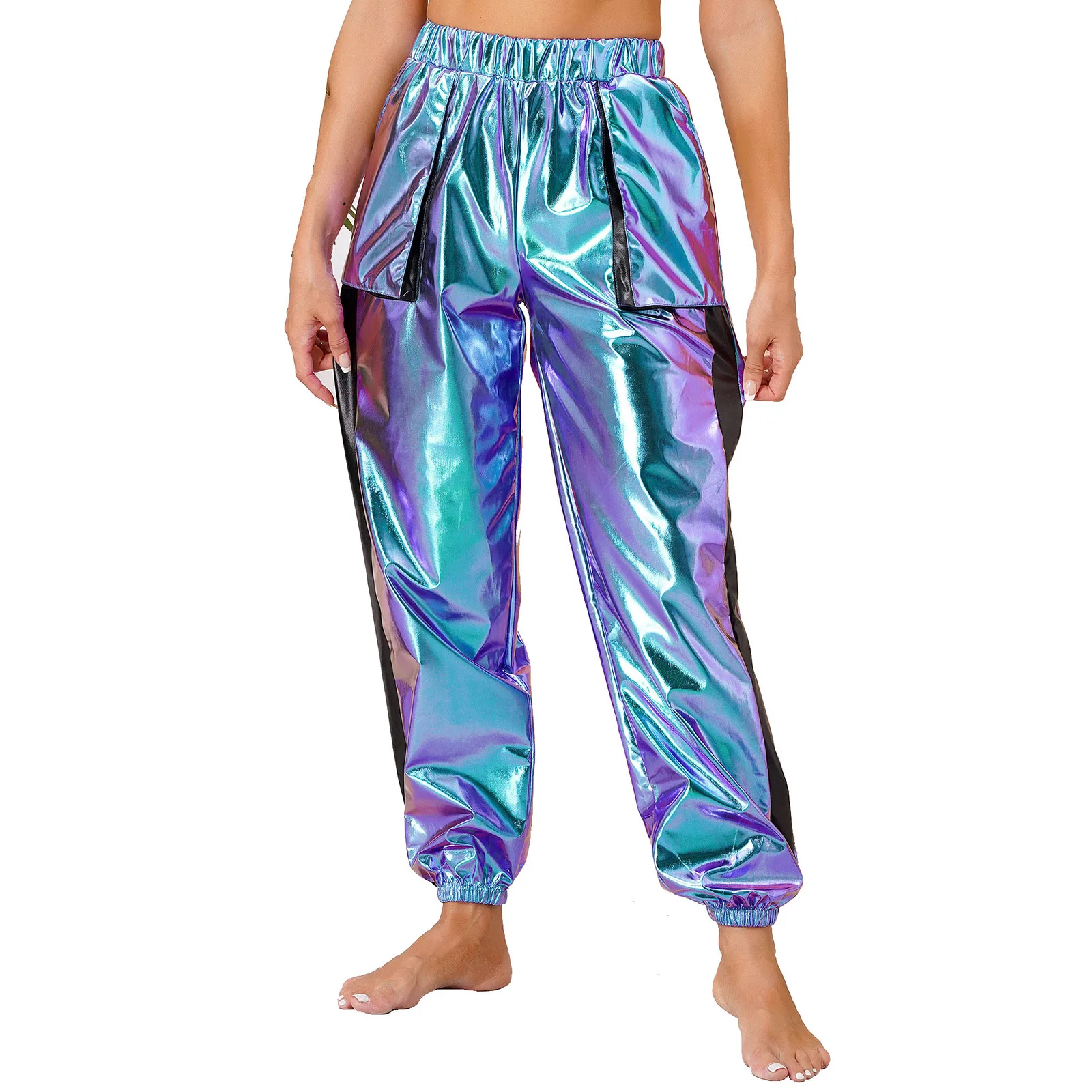 

Womens Metallic Shiny Contrast Jogger Pants 70s Disco Hippie Club Trousers Elastic Waist Big Pockets Long Pants 2023 Dance Wear