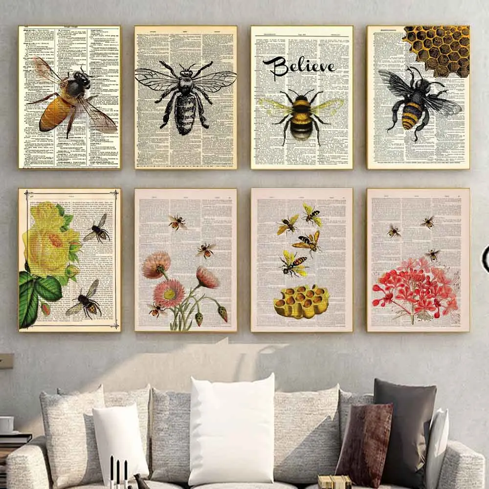 

Retro art insect printing canvas painting book page wasp Wall Art poster office living room corridor home decoration mural