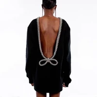 autumn and winter new deep v open back sweater long sleeved mid length diamond encrusted bow design pullover top women