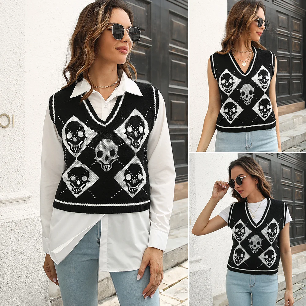 

Y2K Halloween Skull Jacquard Rhombic V2023 Sweater Women V2023 Autumn and Winter Sweaters