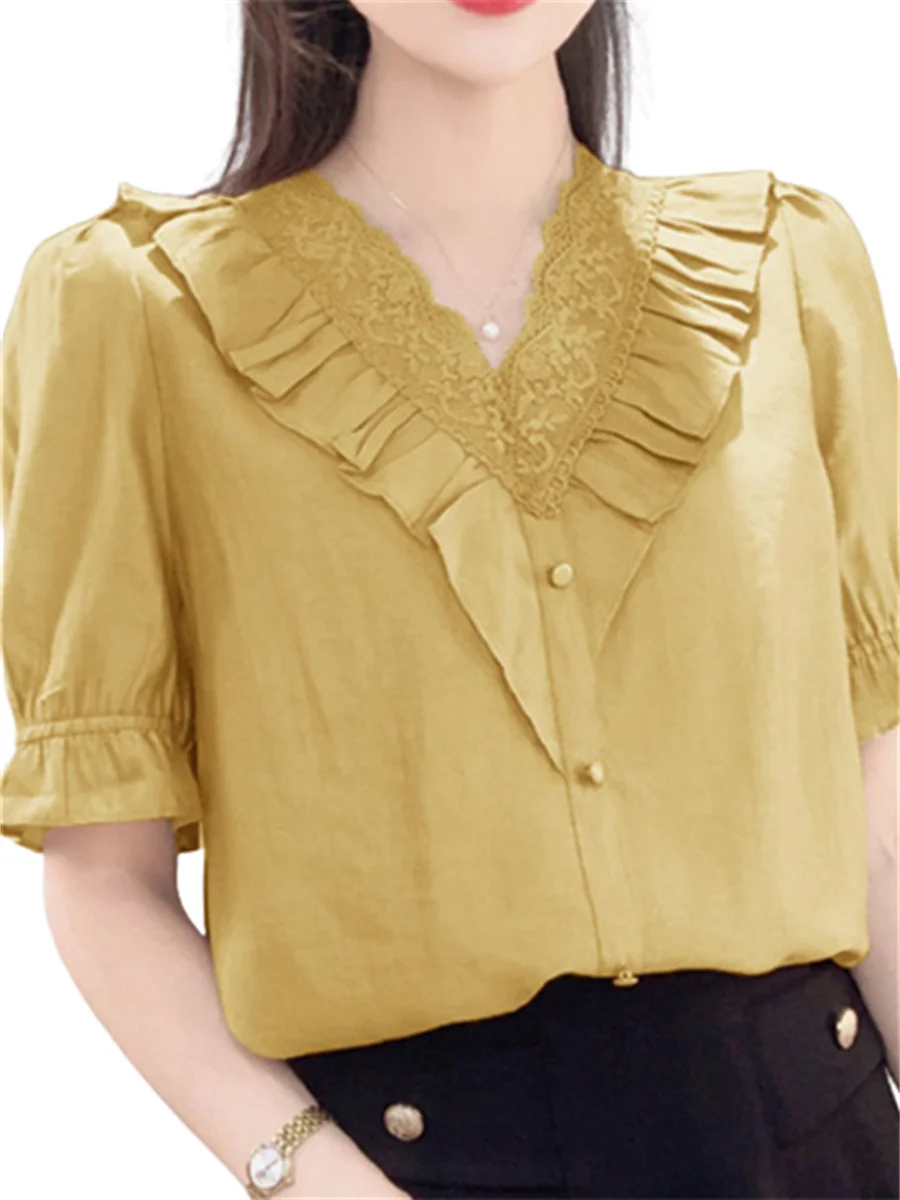 

Women Spring Summer Blouses Shirts Lady Fashion Casual Short Sleeve V-Neck Ruffles Blusas Tops WY0273