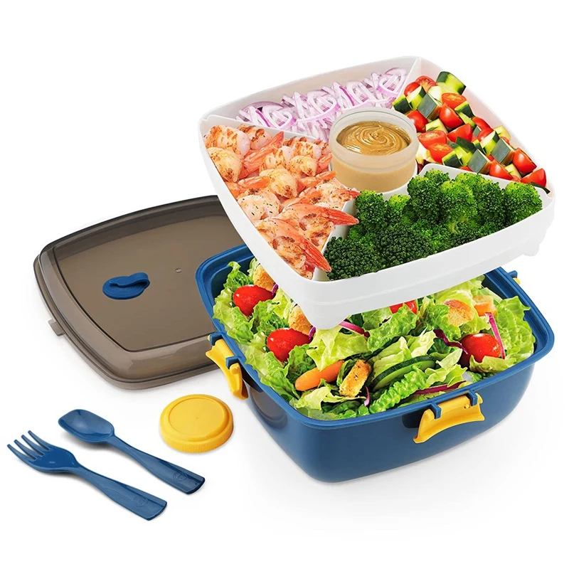 

AT14 Salad Lunch Container To Go,Salad Bowl With 5Compartments Bento Style Tray, Reusable Fork Spoon And Sauce Container