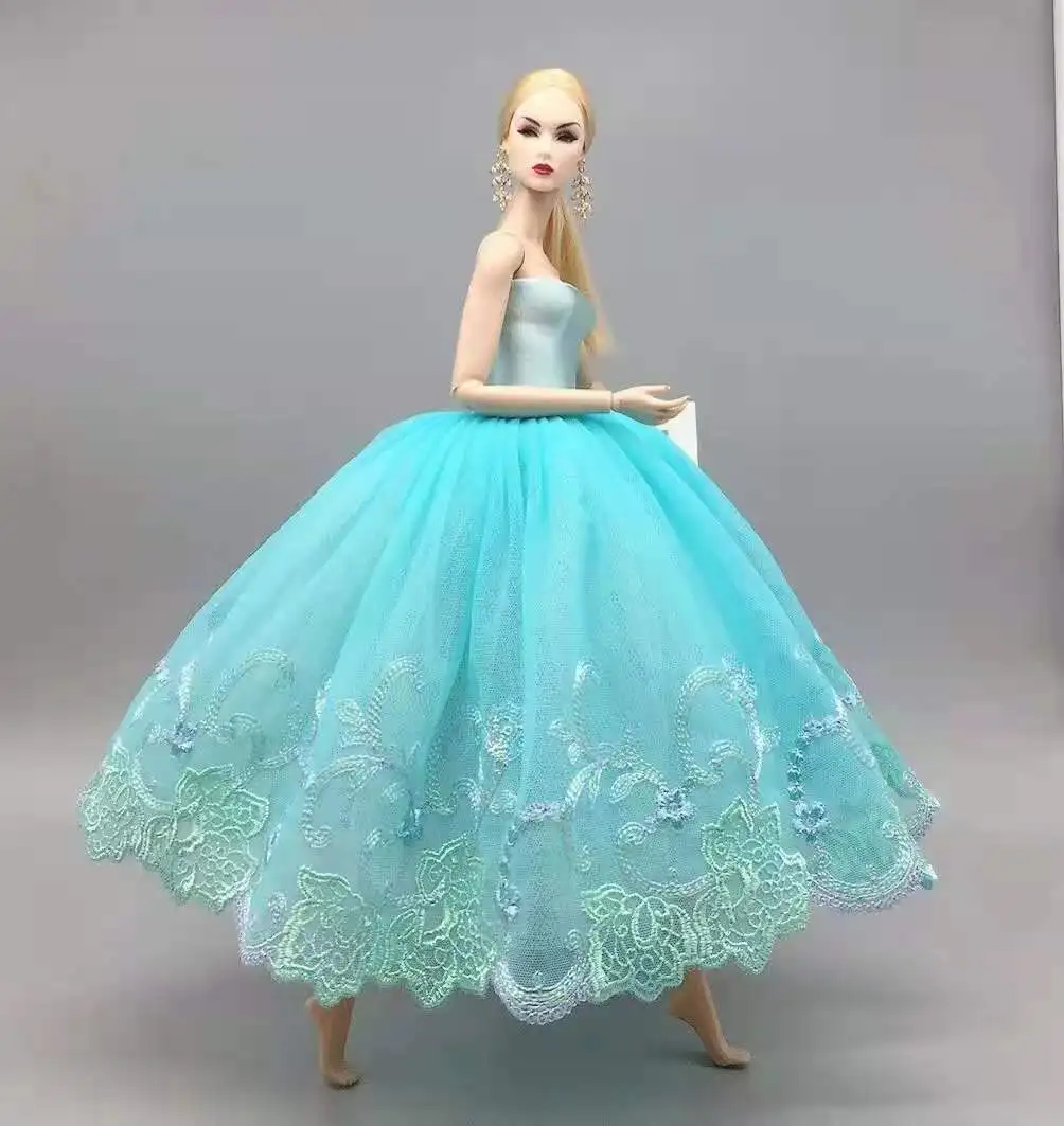 

1:6 Light Blue Floral Lace Wedding Dress for Barbie Doll Clothes Evening Party Gown Outfits 11.5" Dolls Accessories Kids Toy 1/6