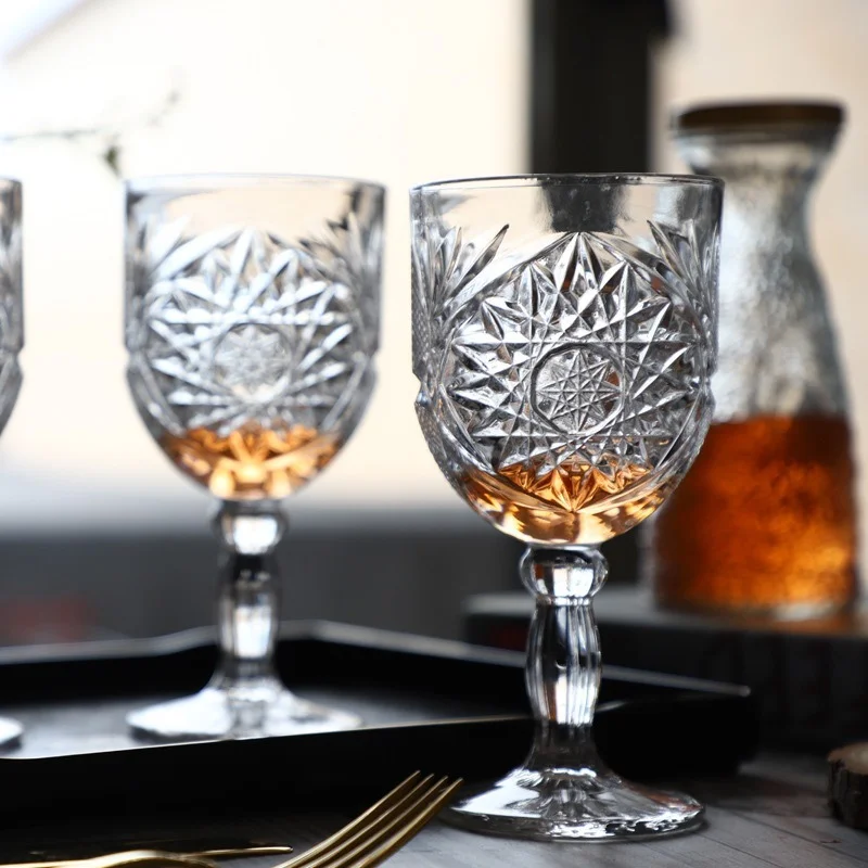 

High-footed Red Wine Glass Glass Relief Sunflower Juice Glass Restaurant Decorative Glass European and American Retro Wine Glass