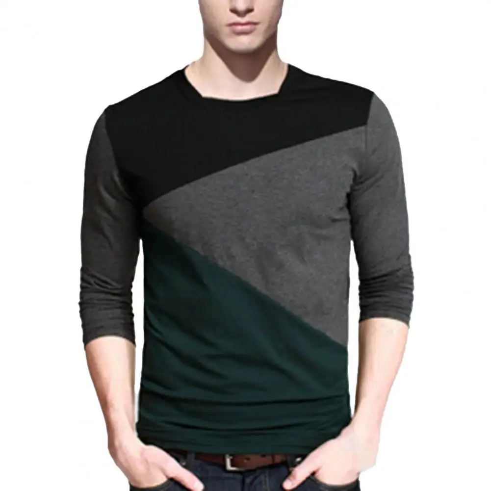 

Spring Autumn Men T Shirt Vintage Style Patchwork Black&Gray O-Neck Long T-shirt Men Clothing 2022 Plus Size M-4XL