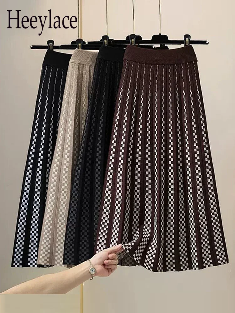 

Plaid Patchwork Knitted Skirt Women Autumn And Winter Warm High Waist Mid-length Large Swing A-line Skirts Female Knitting Skirt