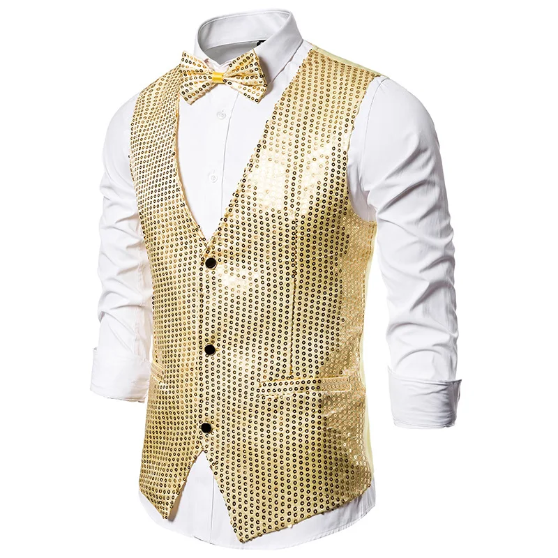 

Shiny Gold Sequin Glitter Men Vest with Bowtie Slim Fit Nightclub Prom Vest Waistcoat Men Stage Singer Vests Gilet Homme Costume