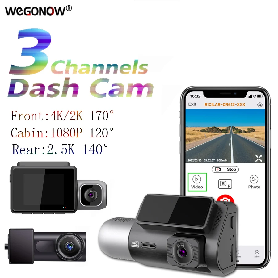 

Видеорегистратор 4k с Wi-Fi, gps, 3 мини-камеры, 3 объектива