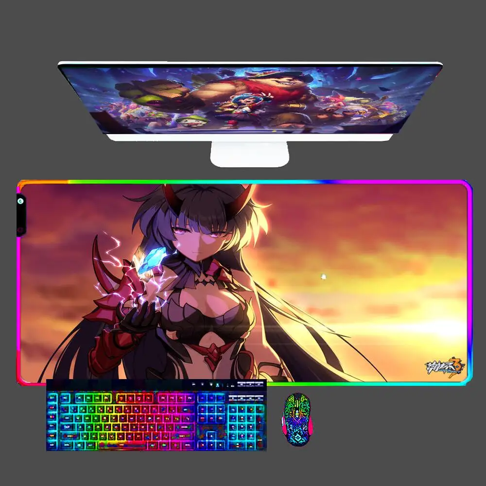 

LED Mouse Pad Honkai Impact 3rd Gamers Decoracion Gamer Office Desk Mat RGB Mousepad XXL Gaming Accessories Keyboard Mat 900x400