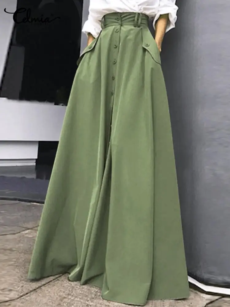 

Celmia Women High Waist Maxi Skirts Elegant Buttons Up Pocket Faldas A-line Swing Skirt 2022 Fashion Office Lady Solid Long Jupe