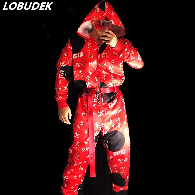 

Red Printed Overalls Hip Hop Dance Costume Letter Pattern Zipper Jumpsuit Male Jazz Dancer Team Performance Clothes Stage Wear