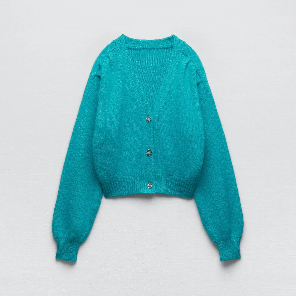 

Осенняя Новинка 2022, женская одежда COS LRIS, короткий вязаный свитер, куртка с синими пуговицами из искусственного бижутерии, 3991006