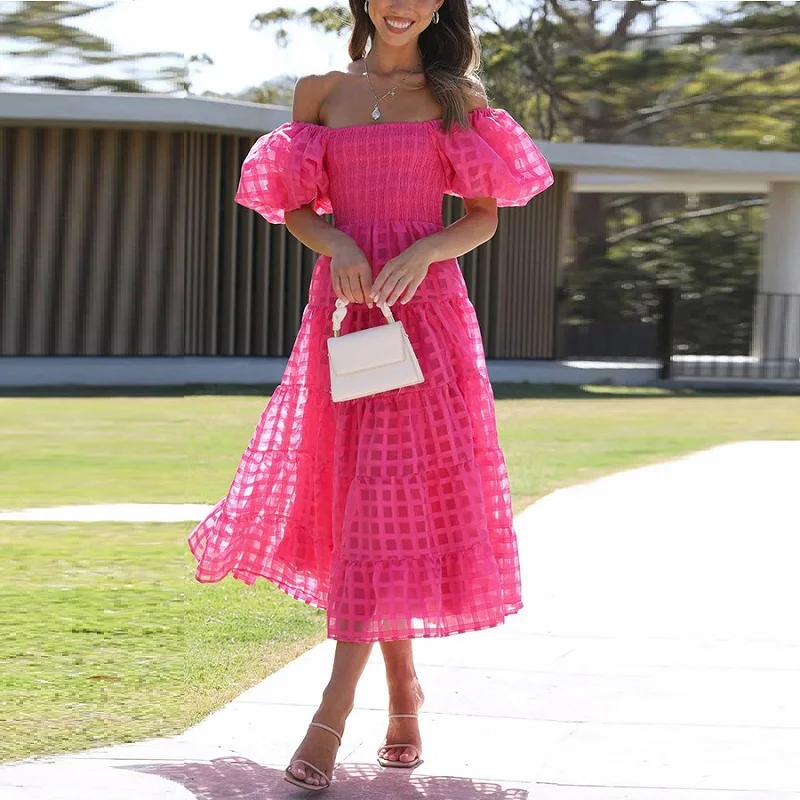 

Элегантное модное женское платье YEMOGGY, летнее женское платье, новинка 2023, однотонное клетчатое платье с воротником-лодочкой и коротким пышным рукавом и высокой талией