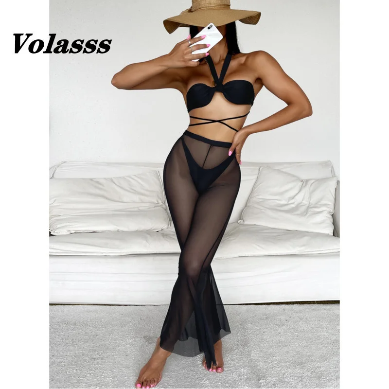 

Сексуальный бандажный купальник, Женский Однотонный черный бикини с лямкой на шее, Новый сетчатый купальник с колокольчиками, купальный костюм из трех предметов, бикини с высокой талией