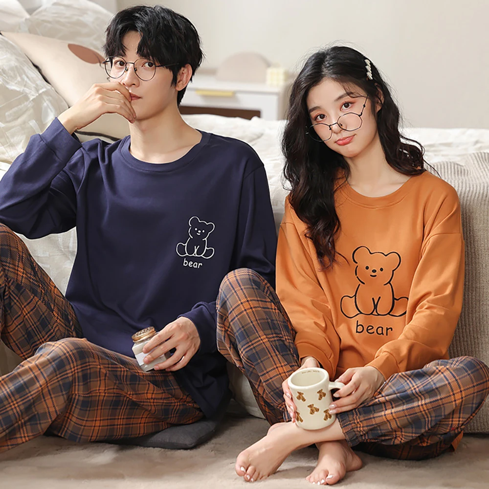 Couples 100% Cotton Pajama Sets Sweet Rabbit Print Pajamas Sleepwear Casual Plaid Elastic Pants Home Suit for Women pijama mujer