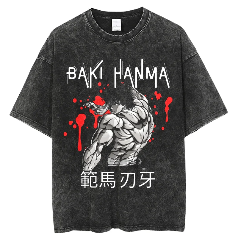 

Grappler-Camiseta de Anime Baki Kyokudai Taikai para hombre camisetas lavadas Vintage de манга corta