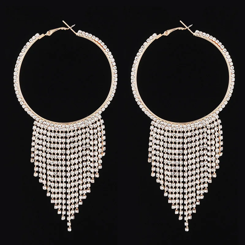 

2023 New Style Rhinestone Circle Hollow Out Earrings Street Shot Simple Tassel Temperament Claw Chain Ear Accessories Wholesale