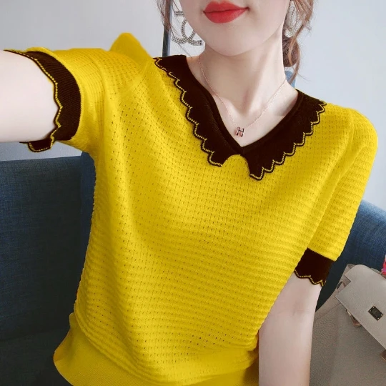 

Yellow Knitting High Waist Summer Thin Street Girl Cloth Women Woman T shirt T- Knitting Exposed Navel outfit T-shirt Knit Tops