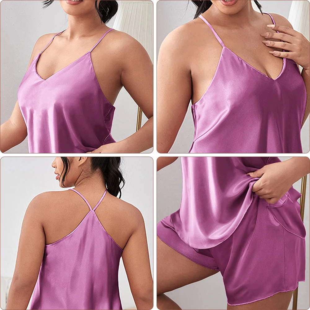 Fat Plus Size Open Back Suspended Pajamas Women's Fashion Sexy Sleepwear Two Piece Set Loose and Comfortable Ice Silk Home Set