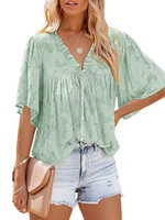 womens flared sleeve ruffle neck lace cutout button chiffon tops for summer