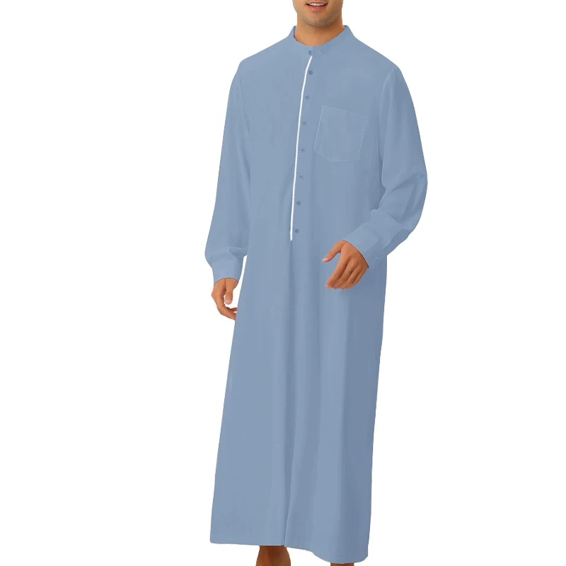Men's Abaya Muslim Robes Middle East Arab Jubba Thobe Kaftan Prayer Dress Solid Color Long Sleeve Loose Gown Islamic Clothes