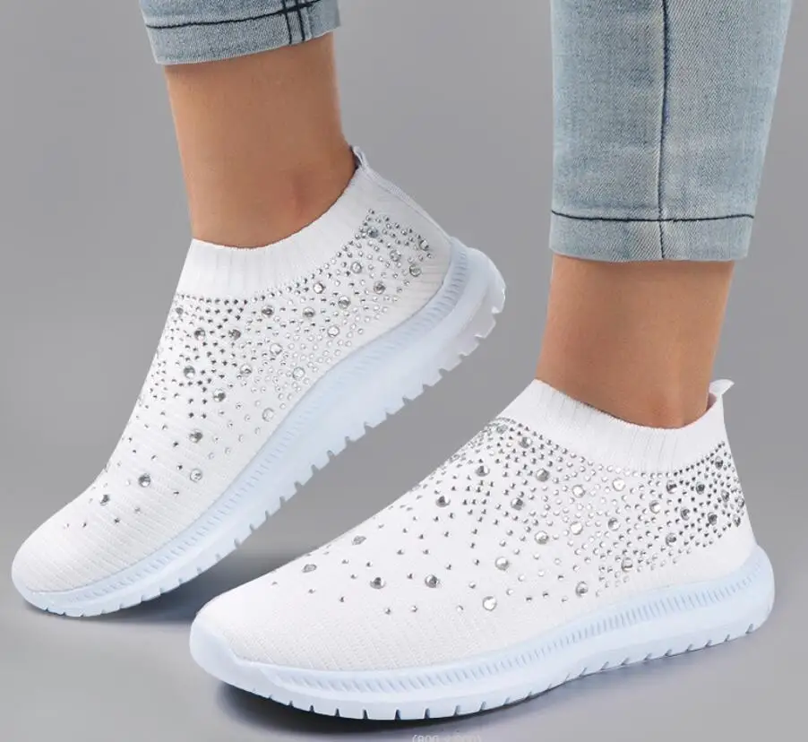 New Women Sneakers Rhinestone elastic socks shoes Mesh Platform  Shoes White Breathable Socofy Casual Shoes Women Flats Shoes