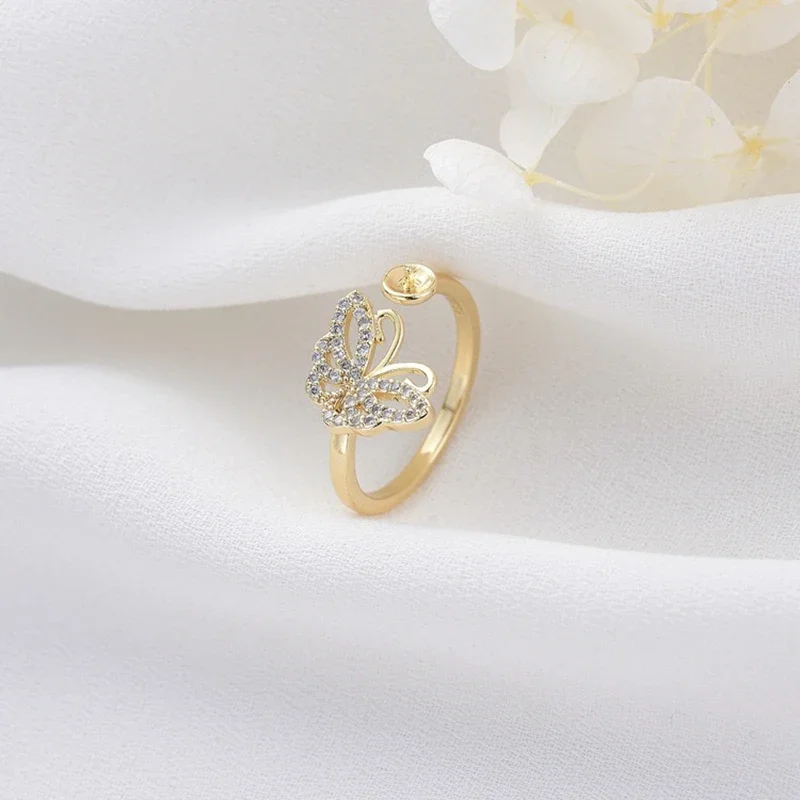 Фото Медное 14K позолоченное с цирконом кольцо-кабошон, Круглые Цветочные подносы, базовые кольца-бабочки, настройки для изготовления ювелирных изделий своими руками