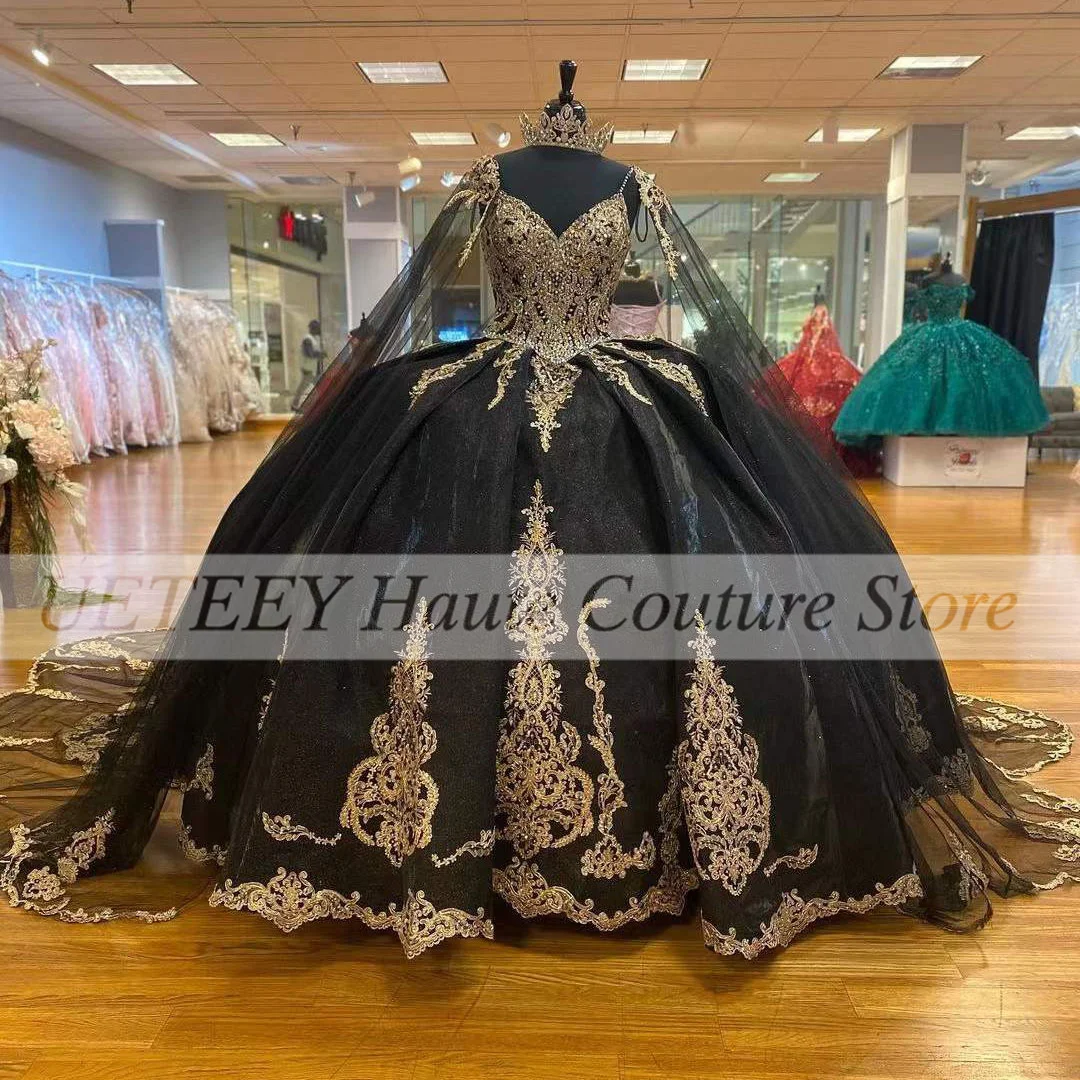 

Luxury Black Ball Gowns Quinceanera Dresses Beading Sequined Appliques Sweetheart Lace Party Princess Skirt Vestidos De Fiesta