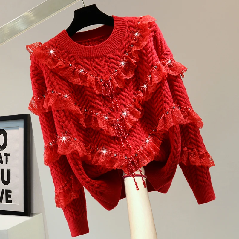 2022 Winter Lace Bow Beads Rhinestones Sweatere Red Pullover Long Sleeve Ruffled Solid Color Round Neck Sweaters Female Knitwear