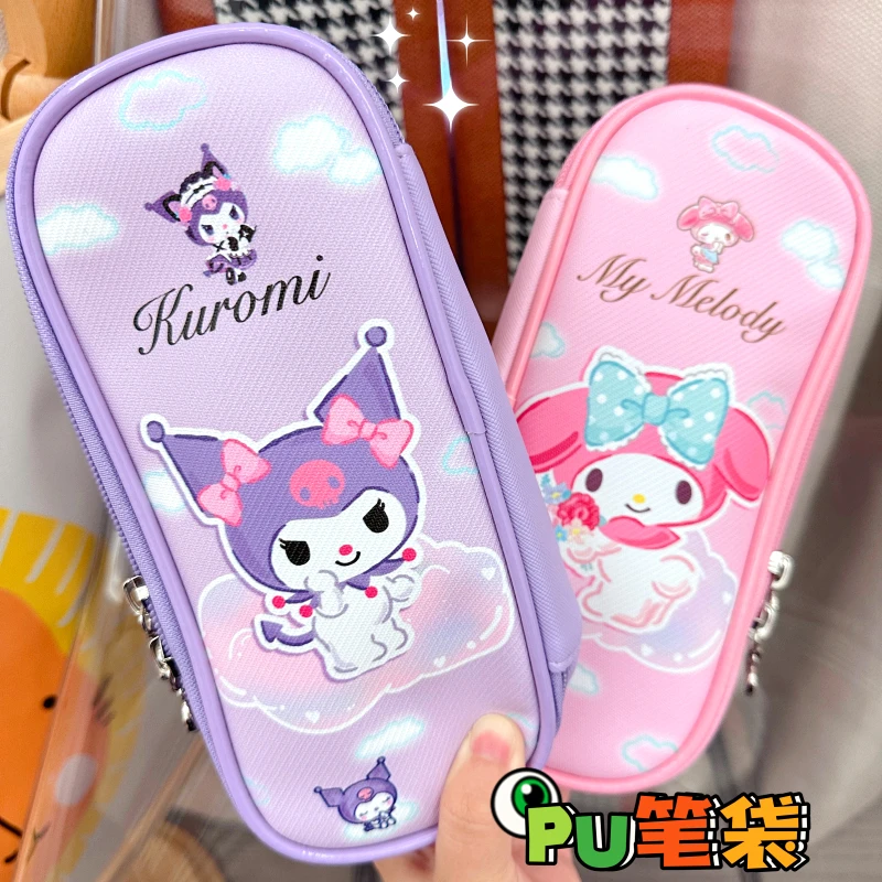 

Cartoon Sanrioed My Melody Cinnamoroll Kuromi Hello kitty Pochacco PU Large capacity double-zipper pen bag stationery box