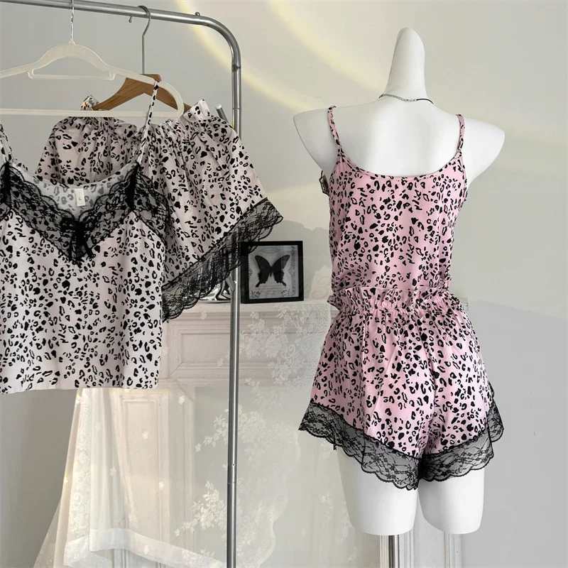 Леопардовый кружевной топ и шорты с принтом сексуальные женские пижамы на