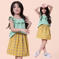 2022 girls clothes set teen chiffon green ruff collar shirt blouse child all match plaid short skirt 6 7 8 9 10 11 12 year