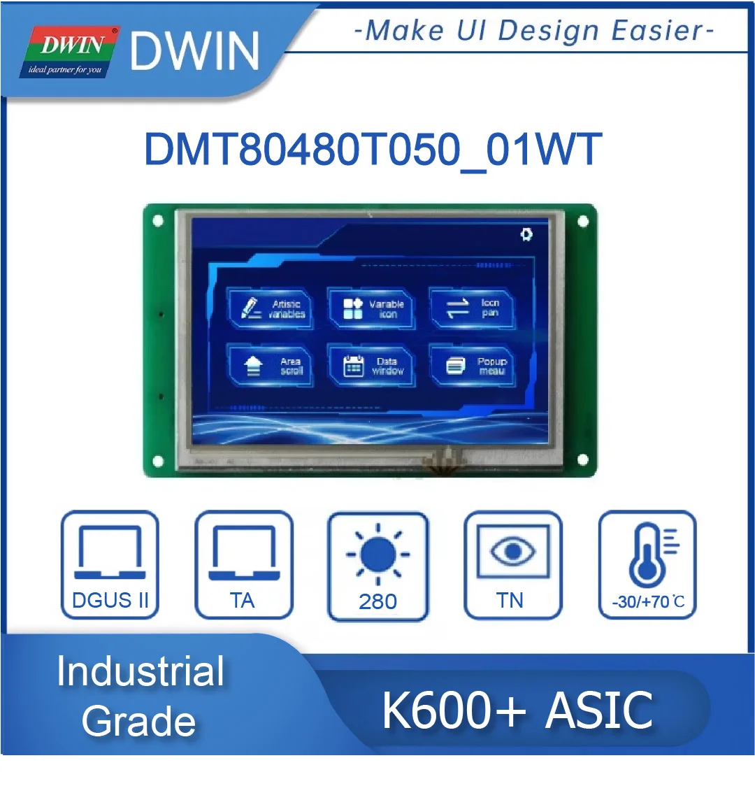 DWIN 5 Inch 800x480 TFT Display Module Industrial HMI Intelligent LCD Touch Screen RS232/TTL UART Smart Panel DMT80480T050_01W