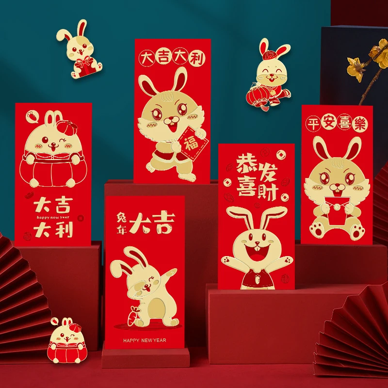

6 шт. красный счастливый конверт китайский новый год красный Карманный конверт 2023 кролик мультфильм Hongbao 2023 китайские новогодние украшения